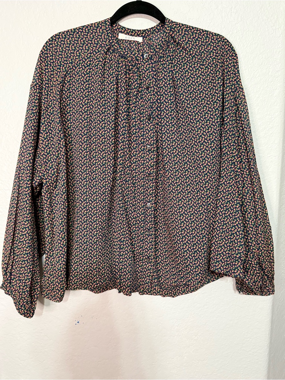 Doen Floral Button-Down Shirt in Black with Pink and Green Print